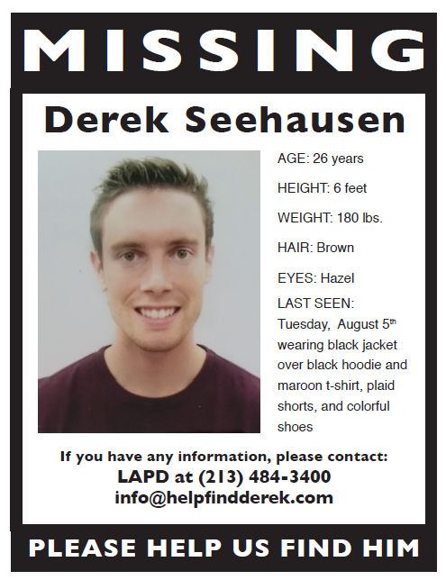 Missing person flyer for Derek Seehausen